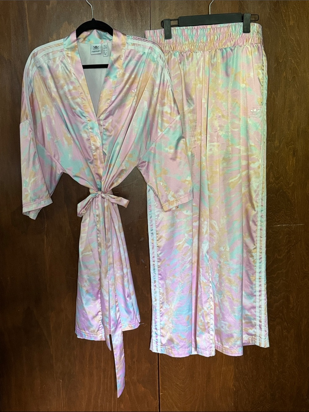 SET - jacket Pastel Satin Kimono Robe with Matching Pants - Pink Multi Adidas